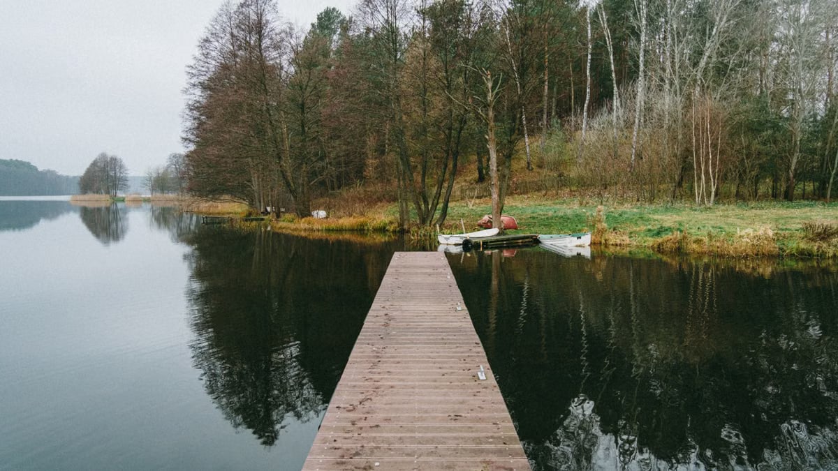 Explore a serene wooden dock leading into a calm lake surrounded by autumnal forest in Poland.